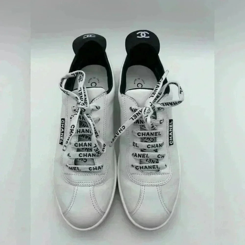 Chanel White Leather Casual Sneakers: Women's Size 36.5 Logo Laces CC - Picture 3 of 13